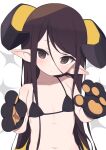  1girl animal_hands bikini black_bikini black_eyes black_hair blush commentary_request curled_horns dot_mouth expressionless flat_chest gamuo gloves hair_between_eyes horns long_hair looking_at_viewer navel original paw_gloves pointy_ears solo swimsuit two-tone_background upper_body 