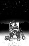  1girl :3 ahoge animal_ears campfire cropped_hoodie dog_ears edie_crop_hoodie guitar halftone highres hood hoodie indie_virtual_youtuber instrument meme_attire mint_castella monochrome mountainous_horizon navel night night_sky on_chair oomfie_(mint_castella) plump short_hair sky sleeping star_(sky) starry_sky thighhighs virtual_youtuber william_leonard 