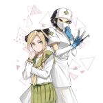  2girls 7th_stand_user black_eyes black_hair blonde_hair blue_gloves braid cardigans_(7th_stand_user) commentary double_bun dress earrings female_protagonist_(7th_stand_user) gloves green_eyes green_sailor_collar green_skirt hair_bun hair_over_shoulder hand_on_own_cheek hand_on_own_face highres jewelry jojo_no_kimyou_na_bouken long_sleeves looking_at_another mask mouth_mask multicolored_hair multiple_girls neckerchief nurse pleated_skirt sailor_collar school_uniform serafuku shirt short_hair short_sleeves single_braid skirt smile solid_eyes stand_(jojo) standing stud_earrings surgical_mask two-tone_hair white_dress white_headwear white_mask white_shirt yellow_neckerchief yoi_okayu 