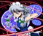  bow braid hair_bow hayashi_custom izayoi_sakuya knife maid_headdress red_eyes ribbon silver_hair solo touhou twin_braids 