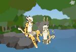 aigsaft aigsaft_(character) anthro belt biped black_ears blep blue_eyes boulder ethaniel_(aigsaft) felid feline female flat_colors fluffy fluffy_tail forest forest_background fur group hair hi_res irene_(aigsaft) lake leopardus looking_at_another luisa_(aigsaft) male mammal markings medium_hair multicolored_body multicolored_fur nature nature_background navel ocelot plant rock rope rope_belt saul_(aigsaft) signature sitting standing striped_markings stripes tail tongue tongue_out tree tribal tuft water whiskers white_body white_fur white_hair yellow_body yellow_fur
