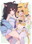  2girls ahoge animal_ear_fluff animal_ears arashiya black_hair blonde_hair blue_jacket brown_eyes camisole cat_ears cat_girl cat_tail character_request commentary_request commission copyright_request crop_top denghuo_ju_(vtuber) face-to-face glasses hairband hand_to_own_mouth heterochromia indie_virtual_youtuber jacket long_hair looking_at_viewer low_twintails midriff miniskirt multiple_girls navel off_shoulder open_mouth paid_reward_available pleated_skirt ribbon shirt skeb_commission skirt smile strap_slip tail thighhighs thighs twintails white_camisole white_skirt white_thighhighs yellow_shirt 