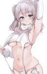  1girl aqua_eyes arm_up armpits breasts grey_hair highres kantai_collection kashima_(kancolle) looking_at_viewer meme_attire navel smile solo sweat sweater twintails underwear virgin_destroyer_sweater white_background yoshino_(mfmfpng) 