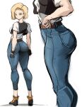  1girl android_18 ass belt black_footwear black_gloves black_jacket blonde_hair blue_eyes breasts brown_belt cropped_jacket denim dragon_ball dragon_ball_z earrings english_commentary from_behind from_side gloves highres jacket jeans jewelry looking_at_viewer looking_back medium_breasts multiple_views pants rakeemspoon shirt short_hair short_sleeves sketch tight_clothes tight_pants two-tone_footwear white_background 