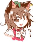  1girl :3 :d animal_ear_fluff animal_ear_piercing animal_ears bow bowtie brown_eyes brown_hair cat_ears chen commentary_request cropped_shoulders earrings fang green_headwear hair_between_eyes hat jewelry looking_at_viewer mob_cap open_mouth shiromamekei short_hair simple_background single_earring sketch smile solo touhou white_background white_bow white_bowtie 