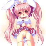  1girl animal_ears blush breasts bunny_ears di_gi_charat frills long_hair looking_at_viewer miokuri panties panty_pull pink_eyes pink_hair pubic_hair pussy skirt skirt_lift solo twintails uncensored underwear usada_hikaru 