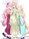  3girls :d alternate_costume animal_ear_fluff animal_ears blonde_hair blue_archive blue_flower blue_hakama blue_kimono blue_rose bow brown_eyes brown_hair brown_hakama closed_mouth commentary_request crescent feathered_wings floral_print flower green_kimono hair_flower hair_ornament hakama halo hand_up hands_up highres japanese_clothes kimono konka long_hair long_sleeves low_wings mika_(blue_archive) multiple_girls nagisa_(blue_archive) pink_hair pink_kimono print_kimono purple_hakama red_flower rose seia_(blue_archive) shadow simple_background smile tail tail_bow tail_ornament v very_long_hair white_background white_bow white_wings wide_sleeves wings yellow_flower 