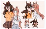  2girls animal_ears arms_behind_back biting blue_eyes blue_skirt blush breasts brown_hair brown_skirt cheek_biting chibi clenched_teeth collared_shirt domino_mask el_condor_pasa_(umamusume) grass_wonder_(umamusume) high_ponytail highres horse_ears horse_girl horse_tail long_hair looking_at_viewer mask multiple_girls multiple_views oo_sungnim ponytail raised_eyebrow shirt shirt_tucked_in short_sleeves skirt small_breasts star-shaped_pupils star_(symbol) symbol-shaped_pupils tail tearing_up teeth umamusume white_shirt yellow_shirt yuri 