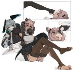  absurdres animal_ear_fluff animal_ears aqua_eyes aqua_nails aqua_wings arknights armor barefoot black_pantyhose breastplate earpiece er_ling_balu feathered_wings feet foot_worship gravel_(arknights) head_wings highres ho&#039;olheyak_(arknights) long_tail pantyhose pink_hair snake_tail soles tail thighhighs toe_sucking toes torn_clothes torn_pantyhose torn_thighhighs two-tone_wings wings yuri 