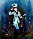  alternate_costume armchair blue_hair bone boots chair coral cross-laced_footwear crossed_legs eyepatch eyepatch_lift green_eyes hat kyogoku-uru lace-up_boots military military_uniform murasa_minamitsu necktie plant sitting solo sword touhou treasure_chest underwater uniform weapon 