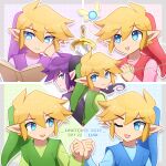  6+boys :d ;d absurdres black_headwear black_tunic blonde_hair blue_background blue_eyes blue_shirt blue_tunic book border clenched_hand commentary dark_link dated english_commentary enni eye_contact fairy fist_bump green_background green_headwear green_shirt green_tunic grey_border hair_between_eyes hand_up hands_up hat head_rest highres holding holding_book link long_sleeves looking_at_another looking_at_viewer looking_back looking_to_the_side male_focus multiple_boys multiple_persona one_eye_closed open_book open_mouth outline outside_border own_hands_together pink_shirt pointy_ears purple_background purple_hair purple_headwear purple_shirt purple_tunic reading red_background red_headwear red_tunic shirt short_hair sidelocks sideways_glance smile sword the_legend_of_zelda the_legend_of_zelda:_four_swords tunic upper_body weapon white_outline 