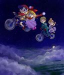  3boys :d adjusting_hair beanie bicycle black_eyes black_hair blonde_hair blue_eyes bone_(stare) bow bowtie cloud dress flying frills full_moon glasses gloves ground_vehicle hair_bow hat jeff_andonuts looking_back moon mother_(game) mother_2 multiple_boys multiple_riders ness night night_sky open_mouth paula_(mother_2) poo_(mother_2) scarf shirt shorts sidesaddle sky smile star_(sky) starry_sky striped striped_shirt tuxedo 