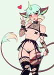  1girl animal_ears blonde_hair breasts commission cross_pasties fangs female_pubic_hair fishnet_thighhighs fishnets garter_belt green_hair hair_ornament heart highres horns looking_at_viewer multicolored_hair navel open_mouth original pasties pubic_hair red_eyes single_horn small_breasts solo tail teeth the_scarlet_devil thighhighs torn_clothes torn_thighhighs upper_teeth_only v x_hair_ornament 