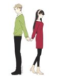  1boy 1girl absurdres anya_(spy_x_family) back-to-back black_hair black_pants blonde_hair blue_eyes blush closed_mouth commentary_request couple dress earrings frown full_body green_sweater hair_between_eyes hetero highres holding_hands jewelry long_hair looking_back oyasumisuya pants pinky_swear profile red_dress red_eyes short_hair shy single_bare_shoulder sleeves_past_wrists spy_x_family standing straight_hair sweatdrop sweater sweater_dress twilight_(spy_x_family) twitter_username 