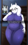 absurd_res anthro big_breasts boss_monster bovid breasts caprine cellphone electronics female foxsuo fur hand_on_hip hi_res holding_cellphone holding_object holding_phone mammal mature_female mirror nipple_outline phone reflection selfie solo thick_thighs toriel undertale undertale_(series) white_body white_fur