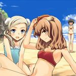  animal_ears artist_request beach bikini black_hair blue_eyes brown_eyes brown_hair day fernandia_malvezzi luciana_mazzei martina_crespi multiple_girls strike_witches swimsuit white_hair world_witches_series 