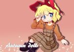  1girl alternate_costume autumn black_footwear blonde_hair blue_eyes bow checkered_clothes commentary_request dress english_text kanisawa_yuuki long_sleeves medicine_melancholy plaid plaid_dress ribbon shirt short_hair solo tagme touhou v 