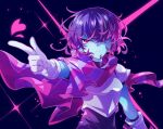  1other androgynous armor blue_background blue_skin bodysuit bodysuit_under_clothes breastplate cape colored_skin deltarune floating_cape gloves hair_over_one_eye heart kris_(deltarune) looking_at_viewer one_eye_covered oshino_no other_focus outline outstretched_arm pauldrons pink_cape pink_outline pointing pointing_at_viewer pointing_forward purple_bodysuit purple_cape purple_hair red_eyes serious short_hair shoulder_armor simple_background solo two-tone_cape upper_body white_gloves 