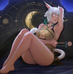  1girl animal_ear_fluff animal_ears arm_under_breasts arm_up armpits artist_name bare_legs black_bra bra breasts dress facial_mark feather_hair_ornament feathers feet final_fantasy final_fantasy_xiv glowing glowing_eyes gold_dress gold_trim hair_ornament knees_up large_breasts legs legs_together looking_at_viewer mystra77 nail_polish parted_lips patreon_logo shadow short_dress sidelocks solo thighs toenail_polish toenails toes underwear white_hair y&#039;shtola_rhul 