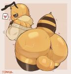 &lt;3 antennae_(anatomy) anthro anus arthropod backsack balls bedroom_eyes bee big_butt black_stripes blush blush_lines bottom_heavy bottomless bottomless_anthro bottomless_male butt clothed clothing fur genitals girly half-closed_eyes hi_res huge_butt humanoid_genitalia hymenopteran insect inviting jimmiezangoo latte_(jimmiezangoo) male musk musk_clouds narrowed_eyes open_mouth open_smile pear-shaped_figure perineum presenting presenting_anus presenting_balls presenting_hindquarters seductive smile stripes sweater thick_thighs thorax topwear wide_hips yellow_body yellow_fur
