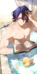 1boy bath bathing blonde_hair book commentary completely_nude dr._ratio_(honkai:_star_rail) eyeliner hair_between_eyes hand_on_own_head highres holding holding_book honkai:_star_rail honkai_(series) in_water indoors looking_at_viewer makeup male_focus no_nipples nude open_book parted_lips red_eyeliner rubber_duck sachico66 short_hair sitting solo symbol-only_commentary water wet 