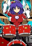  arms_up bad_id bad_pixiv_id banned_artist blue_hair breasts drum drum_set drumsticks electricity hairband instrument kisaragi_zwei leaf medium_breasts mirror one_eye_closed red_eyes rope shimenawa solo touhou yasaka_kanako 