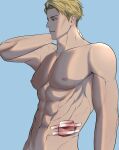  1boy abs bandages blonde_hair blood brown_eyes collarbone hand_on_own_neck highres injury jujutsu_kaisen male_focus mugsabal50299 muscular muscular_male nanami_kento pectorals short_hair solo topless_male upper_body 