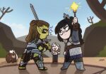  1boy 2girls angry armor astarion baldur&#039;s_gate baldur&#039;s_gate_3 black_hair boots brown_hair colored_skin cup drinking_glass dungeons_and_dragons elf fangs gith_(dungeons_and_dragons) green_skin grey_eyes guo_km highres holding holding_cup holding_sword holding_wand holding_weapon korean_commentary lae&#039;zel multiple_girls open_mouth orange_eyes owlbear pointy_ears shadowheart_(baldur&#039;s_gate) sword vampire wand weapon wine_glass 