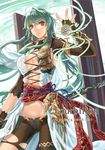  armor breasts cleavage cover cover_page energy fingerless_gloves gloves green_hair large_breasts long_hair navel original ran'ou_(tamago_no_kimi) red_eyes sash scabbard sheath shorts solo talisman torn_clothes very_long_hair 