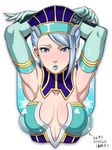  armpits arms_up blue_eyes blue_hair blue_rose_(tiger_&amp;_bunny) breast_mousepad breasts butcha-u cleavage collar crystal_earrings earrings elbow_gloves face fingernails gloves jewelry karina_lyle lips lipstick logo makeup medium_breasts mousepad pepsi see-through solo sweatdrop tiger_&amp;_bunny translation_request transparent_breasts_pads visor 