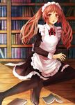  bad_id bad_pixiv_id black_legwear blush book bookshelf highres kuhotaka long_hair maid maid_headdress open_mouth original pantyhose red_eyes red_hair ribbon sitting solo twintails 