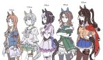  5girls animal_ears aqua_eyes armband bare_shoulders belt black_thighhighs blue_eyes blue_jacket blue_skirt blush bracelet breasts brown_hair brown_thighhighs closed_mouth coat coat_on_shoulders collared_dress corset cowboy_shot domino_mask dress ear_covers el_condor_pasa_(umamusume) frilled_thighhighs frills grass_wonder_(umamusume) green_jacket green_shorts hair_ornament hairclip hand_on_own_hip height high_ponytail highres horse_ears horse_girl horse_tail jacket jewelry king_halo_(umamusume) long_hair long_sleeves looking_at_viewer mask multicolored_hair multiple_girls off-shoulder_jacket off_shoulder one_side_up oo_sungnim pink_eyes pleated_skirt ponytail profile red_coat red_eyes seiun_sky_(umamusume) shirt short_hair shorts simple_background single_thighhigh skirt sleeveless sleeveless_dress small_breasts smile special_week_(umamusume) standing tail thighhighs two-tone_hair umamusume white_background white_dress white_jacket white_shirt white_skirt white_thighhighs yellow_jacket 