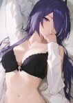  1girl absurdres acheron_(honkai:_star_rail) arm_behind_head bed_sheet black_bra bra breasts cleavage closed_mouth hair_over_one_eye hand_to_own_mouth highres honkai:_star_rail honkai_(series) large_breasts long_hair long_sleeves looking_at_viewer lying navel on_back open_clothes open_shirt purple_eyes purple_hair shirt solo sooon stomach twitter_username underwear upper_body white_shirt 