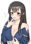 1girl agano_(kancolle) black_hair blue_eyes blue_jacket blush breasts cleavage heart highres jacket kantai_collection large_breasts long_hair long_sleeves looking_at_viewer off_shoulder simple_background solo tongue tongue_out toriniku_senshi_chikinman translation_request upper_body very_long_hair white_background zipper 