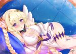  1girl absurdres ass bare_shoulders blonde_hair blush breasts ciaren cleavage flower hair_flower hair_ornament highres large_breasts long_hair looking_at_viewer lyrael_(princess_connect!) navel open_mouth princess_connect! purple_eyes solo thighs 