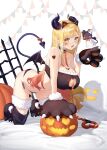  1girl absurdres alternate_costume animal_ears animal_hands bare_shoulders between_breasts black_choker black_panties black_tube_top black_wings blonde_hair breast_tattoo breasts cat_ears choker cleavage cleavage_cutout clothing_cutout commentary_request demon_girl demon_horns demon_tail demon_wings fake_animal_ears fang frilled_choker frilled_tube_top frills fur-trimmed_legwear fur-trimmed_panties fur_trim gloves gradient_hair halloween hand_up heart_sticker highres hololive horns large_breasts multicolored_hair nanaushi open_mouth panties parted_bangs paw_gloves paw_pose paw_shoes red_hair side-tie_panties skin_fang smile solo sticker_on_face strapless tail tattoo tube_top underwear virtual_youtuber wings yuzuki_choco 