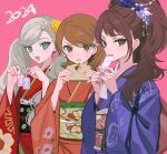  2024 3girls blue_eyes blush brown_eyes brown_hair earrings floral_print flower grey_hair hair_flower hair_ornament holding japanese_clothes jewelry kimono kujikawa_rise long_hair looking_at_viewer multiple_girls new_year obi open_mouth parted_lips persona persona_3 persona_4 persona_5 pink_background pswlv05 purple_kimono red_kimono sash short_hair sweat takamaki_anne takeba_yukari twintails wide_sleeves 