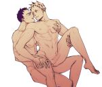  2boys abs aikawa_(dorohedoro) anal artist_request blush colored_tips completely_nude couple dorohedoro erection facial_mark feet_out_of_frame from_side grabbing grabbing_from_behind greyscale lotusmartus male_focus medium_sideburns monochrome multicolored_hair multiple_boys nipples no_eyebrows nude pectoral_grab penis risu_(dorohedoro) sex straddling sweat thick_eyebrows toned toned_male upright_straddle yaoi 