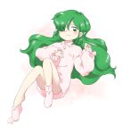  1girl closed_mouth convenient_leg green_eyes green_hair hair_over_one_eye kazami_yuuka kazami_yuuka_(pc-98) long_hair long_sleeves nonamejd official_style pink_shirt pink_socks puffy_long_sleeves puffy_sleeves shirt smile socks solo touhou touhou_(pc-98) zun_(style) 