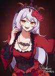  1girl artist_name blush breasts cleavage commission dress fangs grey_hair highres large_breasts long_hair looking_at_viewer open_mouth original red_dress red_eyes red_nails rukiadaichi smile solo teeth upper_teeth_only 