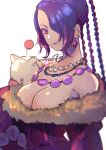  1girl artist_name black_hair braid breasts cleavage closed_mouth coat commentary_request eyelashes final_fantasy final_fantasy_x fur-trimmed_coat fur_trim hair_over_one_eye highres jewelry large_breasts long_hair looking_at_viewer lulu_(ff10) miyama_(lacrima01) mole mole_under_mouth moogle multiple_braids multiple_necklaces necklace purple_lips red_eyes signature simple_background solo stuffed_toy upper_body white_background 