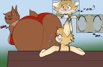 2024 anthro bat bench big_butt black_nose blonde_hair blurred_background blush bodily_fluids bottomwear breasts brown_body brown_fur butt canid canine cassidy_(englishweasel) chest_tuft claws clothed clothing dialogue digital_drawing_(artwork) digital_media_(artwork) duo embarrassed english_text eyes_closed female fox fur hair hi_res male mammal multicolored_body multicolored_fur neck_tuft nyanilla outside park park_bench rear_view red_clothing scut_tail shirt short_tail shorts sitting smile standing sweat tail tan_body tan_fur tank_top text thick_thighs tight_clothing topwear tuft wide_hips winged_arms wings