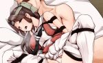  1boy 1girl bdsm blush bondage bound brown_eyes brown_hair elbow_gloves gloves hair_intakes hanging headband heavy_breathing jintsuu_(kancolle) jintsuu_kai_ni_(kancolle) kantai_collection long_hair on_bed open_mouth school_uniform serafuku shibari tadokoro_nurikabe 