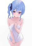  1girl absurdres bare_shoulders blue_eyes blue_hair blush closed_mouth collarbone fawny foreshortening hair_between_eyes highres hololive hoshimachi_suisei looking_at_viewer naked_towel side_ponytail sidelocks simple_background solo towel virtual_youtuber white_background white_towel 