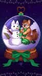 absurd_res anthro arm_tattoo blue_eyes cain_the_dingo canid canine canis christmas christmas_themed clothing dingo handwear hi_res holidays leg_warmers legwear male male/male mammal mittens narwilltharu ornament pisces_(symbol) scarf snow_globe snowman solo tattoo tongue tongue_out