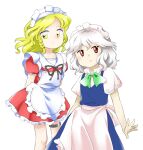  2girls :o apron arms_behind_back black_ribbon blonde_hair blue_dress bow bowtie braid closed_mouth dress flat_chest frilled_apron frills frown green_bow green_bowtie grey_hair izayoi_sakuya maid maid_apron maid_headdress multiple_girls nonamejd official_style pinafore_dress puffy_short_sleeves puffy_sleeves red_dress red_eyes ribbon shirt short_hair short_sleeves simple_background sleeveless sleeveless_dress touhou touhou_(pc-98) twin_braids waist_apron white_apron white_background white_shirt yellow_eyes yumeko_(touhou) zun_(style) 