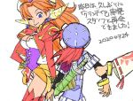  1boy 2girls breasts closed_mouth commentary earrings feena_(grandia) grandia grandia_i grandia_ii hat hontani_toshiaki in-franchise_crossover jewelry justin_(grandia) long_hair millenia_(grandia) multiple_girls one_eye_closed red_hair simple_background smile sword sword_on_back thighhighs weapon weapon_on_back white_background wide_sleeves 