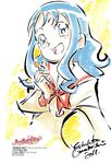  2011 :d artist_name blue_eyes blue_hair candy dated food heartcatch_precure! highres kurumi_erika lollipop long_hair looking_at_viewer marker_(medium) myoudou_gakuen_middle_school_uniform official_art open_mouth precure signature simple_background smile solo traditional_media umakoshi_yoshihiko 