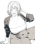 1girl breasts bultong90 capybara cleavage closed_eyes denim dungeon_meshi falin_thorden greyscale hand_in_own_hair highres jeans large_breasts light_blush monochrome pants short_hair smile white_background 