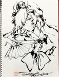  1girl artist_name dated greyscale hand_fan hat head_tilt highres holding holding_fan japanese_clothes kimono lineart looking_at_viewer medium_hair mob_cap monochrome open_mouth saigyouji_yuyuko signature sketchbook solo touhou triangular_headpiece tsubameyado 